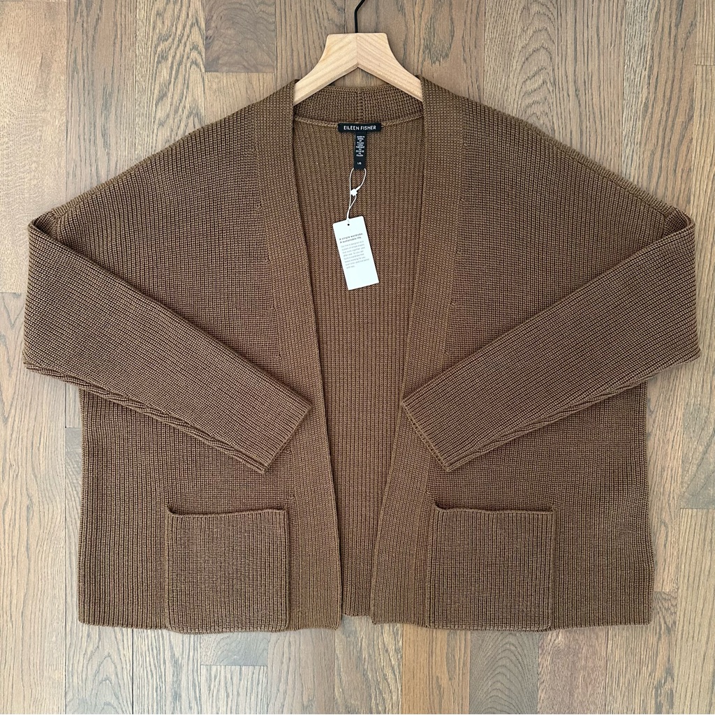 Nwt Eileen Fisher Merino Wool Boxy Cardigan With Pockets In Hazel Brown Large